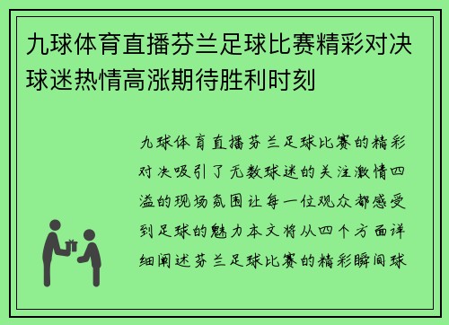 九球体育直播芬兰足球比赛精彩对决球迷热情高涨期待胜利时刻