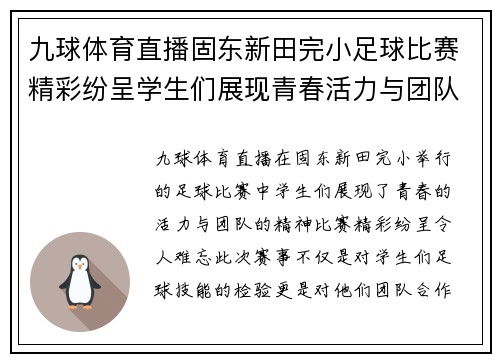 九球体育直播固东新田完小足球比赛精彩纷呈学生们展现青春活力与团队精神