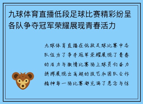 九球体育直播低段足球比赛精彩纷呈各队争夺冠军荣耀展现青春活力