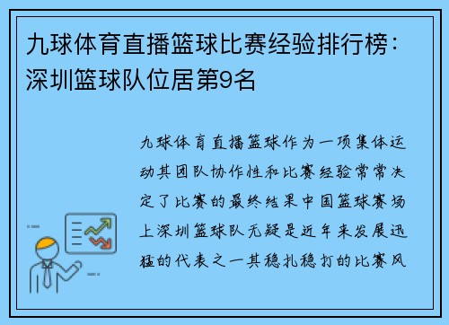 九球体育直播篮球比赛经验排行榜：深圳篮球队位居第9名
